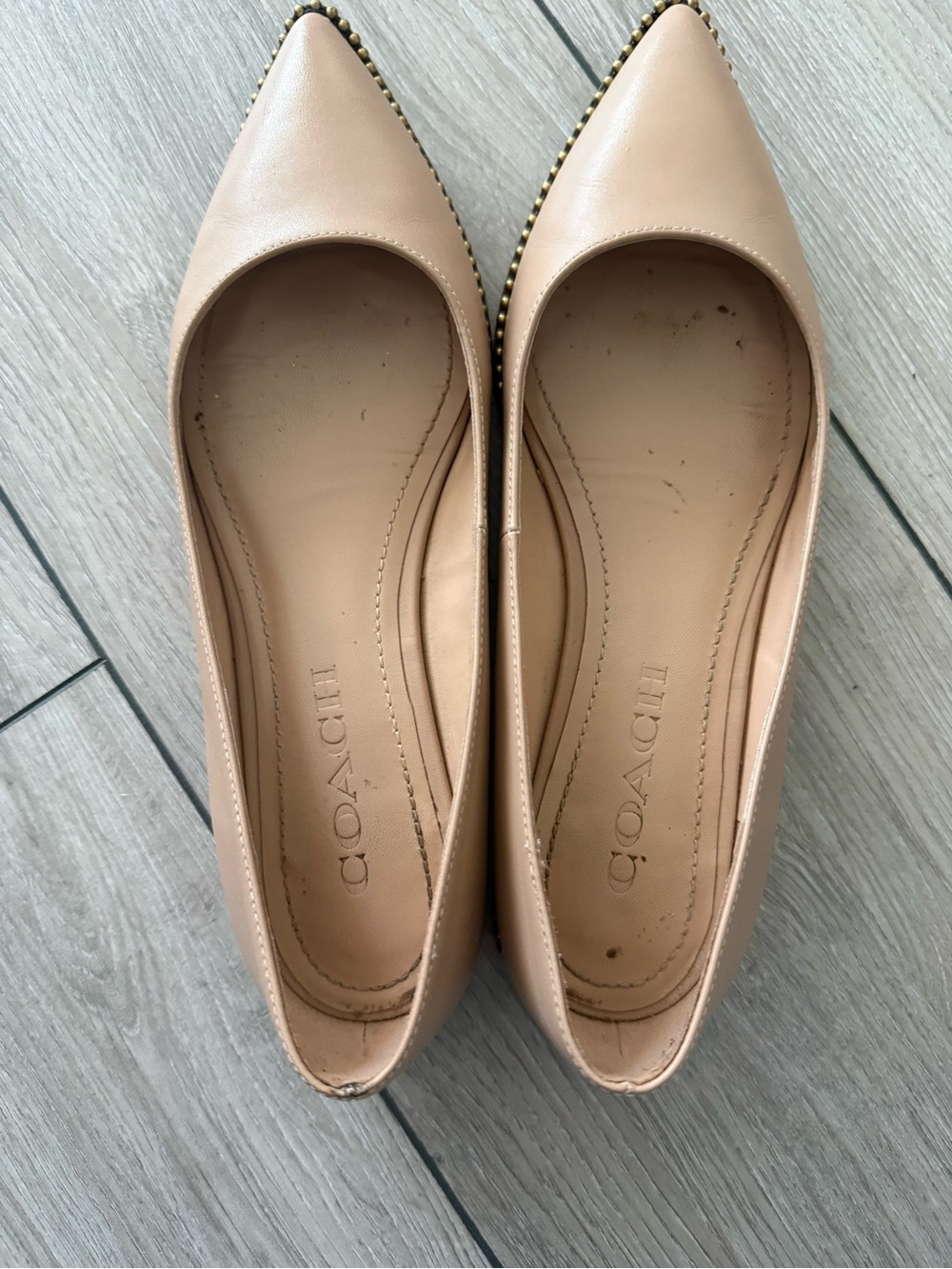 Coach Nude/Blush Pointed-Toe Leather Flats with Gold Trim